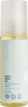 DermaKnowlogy MD41 Body Oil, bezzapachowy, w przezroczystej butelce z zieloną etykietą, widok z przodu.
