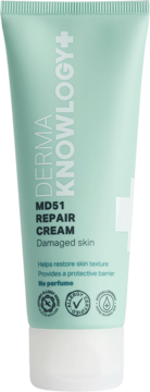 DermaKnowlogy MD51 Repair Cream w miętowej tubce z białym zamknięciem, bezzapachowy do skóry uszkodzonej.