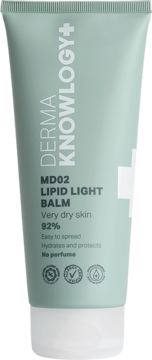 Jasnozielona tubka DermaKnowlogy MD02 Lipid Light Balm do bardzo suchej skóry, bez perfum, widok z przodu.