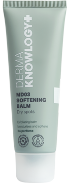 DermaKnowlogy MD03 Softening Balm w miętowej tubce. Do suchych miejsc, nawilża i zmiękcza, bez perfum, widok z przodu.