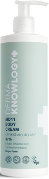DermaKnowlogy MD11 Body Cream do suchej skóry w białej butelce z pompką, z przodu zielona etykieta, 37% tłuszczu.
