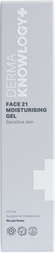 Jasnoszare pudełko Derma Knowlogy Face 21 Moisturising Gel, pionowe logo, napis "Sensitive skin" i "Oil free".