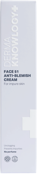 Krem DermaKnowlogy Face 51 Anti-Blemish w białym pudełku, bezzapachowy, do skóry zanieczyszczonej, widok z przodu.