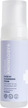DermaKnowlogy Face 61 Cleansing Foam w białej butelce z fioletową etykietą, do cery suchej i wrażliwej. Widok z przodu.