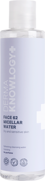 Butelka Derma Knowlogy Face 62 Micellar Water, przezroczysta z fioletowym tłem na etykiecie, widok z przodu.