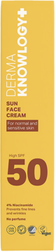 Żółty krem do twarzy DermaKnowlogy+ Sun Face SPF 50 dla skóry wrażliwej, z niacynamidem, widok z przodu.
