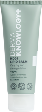 Balsam DermaKnowlogy MD01 Lipid Balm do bardzo suchej skóry, w jasnoszarej tubce, widok z przodu.