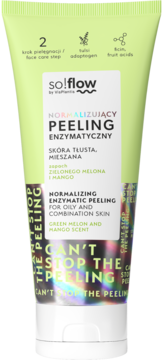 Jasnozielona tubka so!flow Normalizującego Peelingu Enzymatycznego melon & mango, dla cery tłustej i mieszanej, widok z przodu.