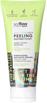 Jasnozielona tubka so!flow Normalizującego Peelingu Enzymatycznego melon & mango, dla cery tłustej i mieszanej, widok z przodu.