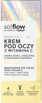 so!flow rozświetlający krem pod oczy z witaminą C, pomelo-limonka. Biało-holograficzne opakowanie, widok z przodu.