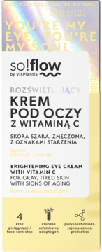 so!flow rozświetlający krem pod oczy z witaminą C, pomelo-limonka. Biało-holograficzne opakowanie, widok z przodu.