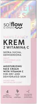 Nawilżający Krem z Witaminą C so!flow w pionowym pudełku, różowo-białe z holograficznym tłem, widok z przodu.
