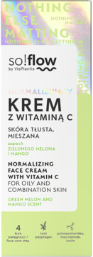 So!flow krem normalizujący z witaminą C, zielony melon i mango, do skóry tłustej, biało-zielone opakowanie, front.