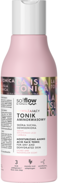 So!flow tonik aminokwasowy, różowa butelka, do suchej i odwodnionej skóry, zapach liczi i arbuza, widok z przodu.