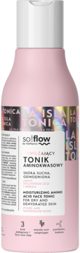 So!flow tonik aminokwasowy, różowa butelka, do suchej i odwodnionej skóry, zapach liczi i arbuza, widok z przodu.