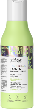 so!flow Normalizujący Tonik Enzymatyczny, zielony melon/mango, jasnozielona butelka z białym korkiem, widok z przodu.