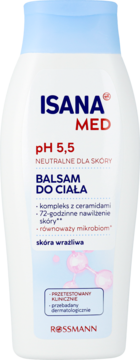 Isana Med balsam do ciała pH 5,5 dla skóry wrażliwej, z ceramidami, 72h nawilżenie, biała butelka, przód.