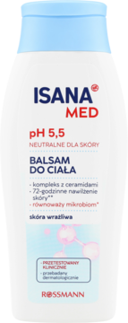 Biały balsam do ciała Isana Med pH 5.5 w butelce z jasnoniebieską nakrętką, widok z przodu, dla skóry wrażliwej.