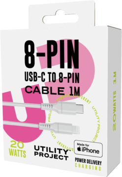 Białe opakowanie kabla USB-C na 8-pin, 1M, z czarno-różowym nadrukiem '8-PIN', 'Made for iPhone', 20W.