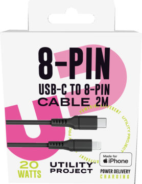 Czarny kabel USB-C do 8-pin, 2m, w białym opakowaniu 'Utility Project' z różowym napisem '8-PIN', widok z przodu.
