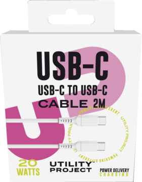 Białe opakowanie kabla USB-C do USB-C 2M Utility Project, z różowo-czarnymi napisami 20W Power Delivery.
