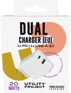 Białe opakowanie 20W ładowarki sieciowej Utility Project z portami USB-C PD i USB-A QC, widok z przodu.