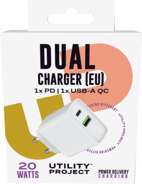 Białe opakowanie 20W ładowarki sieciowej Utility Project z portami USB-C PD i USB-A QC, widok z przodu.