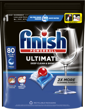 Czarne opakowanie Finish Powerball Ultimate 80 kapsułek do zmywarki Fresh, z detalami tabletki i lśniącego kieliszka.