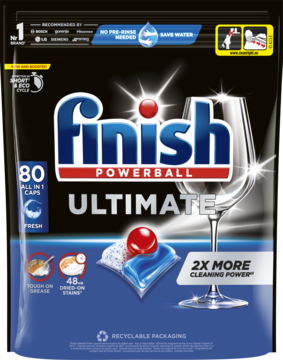 Ciemnoniebieskie opakowanie Finish Ultimate Powerball Fresh, 80 kapsułek do zmywarki, widok z przodu.
