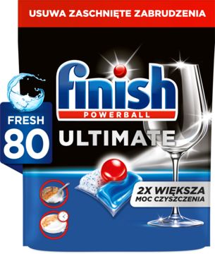 Finish Ultimate Fresh 80 kapsułek do zmywarki, czarno-niebieskie opakowanie z czerwoną tabletką, widok przód, usuwa zaschnięte zabrudzenia.