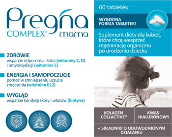 Opakowanie suplementu Pregna COMPLEX Mama z kolagenem, 60 tabletek, biało-niebieskie, widok z przodu.
