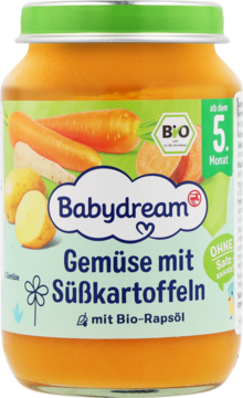 Słoiczek Babydream Warzywa z batatami od 5. miesiąca, pomarańczowa zawartość, z bio-rapsowym olejem, widok z przodu.