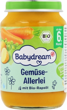 Słoiczek Babydream Gemüse-Allerlei dla niemowląt od 6. miesiąca, puree warzywne z bio-rzepakowym olejem, front.