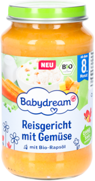BABYDREAM ,danie w słoiczku, z ryżem i warzywami, od 8. m-ca życia,przód