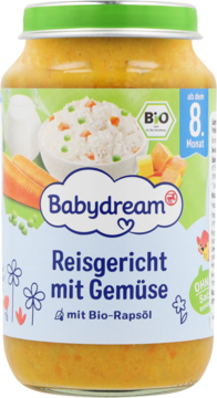 Babydream Reisgericht mit Gemüse, danie w słoiczku z bio-olejem rzepakowym, dla dzieci od 8. miesiąca, widok z przodu.