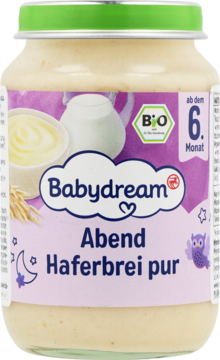 Babydream kaszka owsiana wieczorna pur, bio od 6. miesiąca, w szklanym słoiku z zieloną zakrętką, widok z przodu.