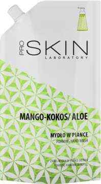 Biały zapas mydła w pianie Proskin Laboratory Mango-Kokos/Aloe, z zielonym geometrycznym wzorem. Widok z przodu.
