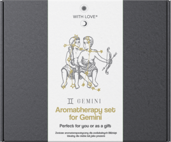 Ciemny zestaw With Love Aromaterapia dla Bliźniąt, pudełko z grafiką znaków zodiaku i napisem GEMINI.