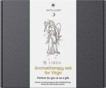 Frontowy widok ciemnoszarego pudełka zestawu aromaterapeutycznego With Love dla Panny, z białą opaską i grafiką zodiakalną.