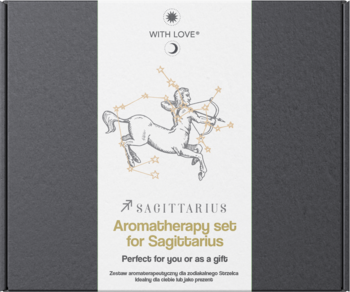 Dark gray aromatherapy set box for Sagittarius, with a centaur illustration and "With Love" text.