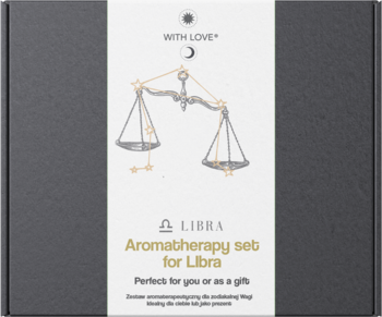 Ciemnoszary zestaw aromaterapeutyczny With Love dla Wagi, z białym pasem i ilustracją wagi zodiakalnej.