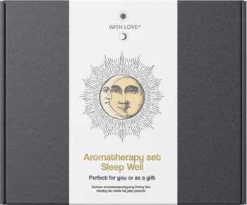 Dark gray gift box for Sleep Well aromatherapy set, front view, with sun & moon art on central white label.