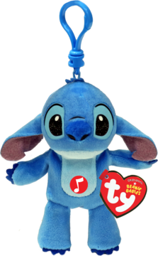 Niebieski pluszowy brelok Ty Beanie Babies Stitch z dużymi uszami i czerwonym znaczkiem nuty, widok z przodu.