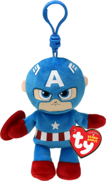 Pluszowy brelok Ty Beanie Babies Captain America w niebieskim stroju, frontowy widok z karabińczykiem i etykietą.