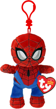 Pluszowy brelok Ty Beanie Babies Spider-Man w czerwono-niebieskim stroju z czarnym pająkiem i klipsem, widok z przodu.