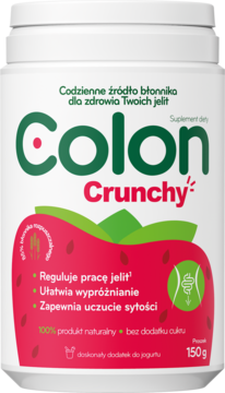 Biały pojemnik Colon Crunchy, suplement z błonnikiem truskawkowym na jelita, 150g, widok z przodu.