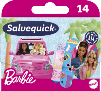 Salvequick Barbie plastry dla dzieci w różowo-niebieskim opakowaniu z lalkami Barbie w aucie i wzorzystymi plastrami, widok z przodu.