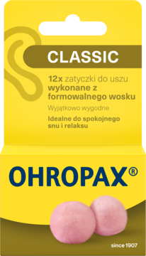 Front opakowania Ohropax Classic, żółto-brązowe, z dwiema różowymi woskowymi zatyczkami do uszu na dole.