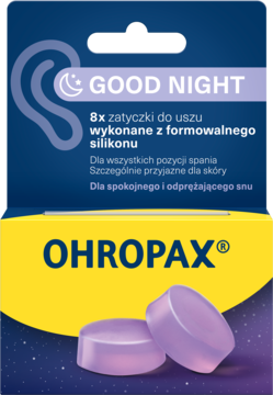 Ohropax Good Night silikonowe zatyczki do spania, opakowanie niebiesko-żółte, widok z przodu, z fioletowymi zatyczkami.