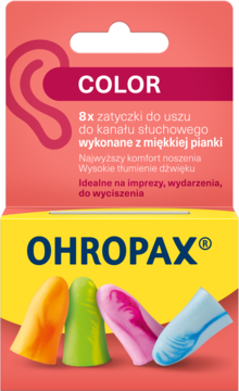 Ohropax Color, 8x zatyczki do uszu z miękkiej pianki w żywych barwach, widok opakowania.